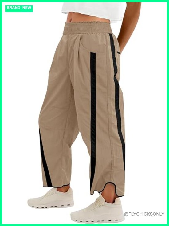 Pants - Wide Leg Track Pants with Pockets Elastic Waist Contrast Stripe Athleisure